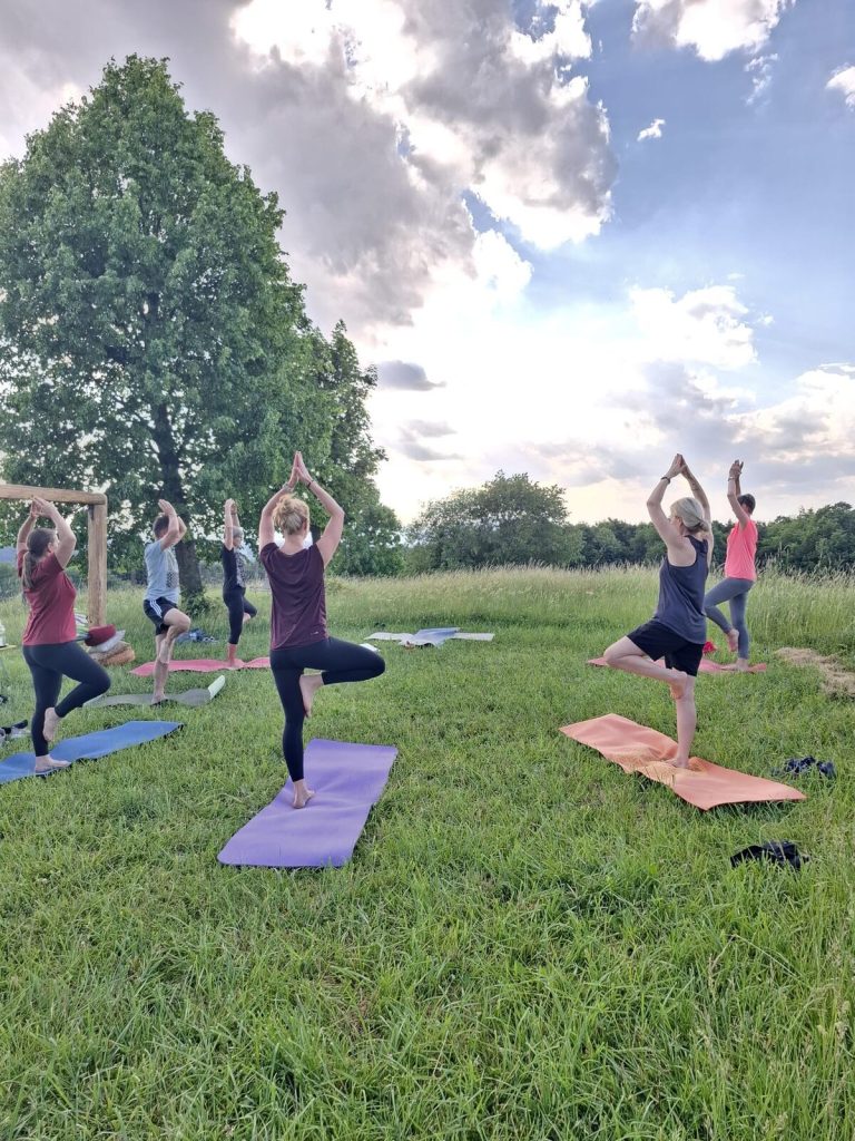 Yoga-Gruppe übt die Baum-Haltung auf Matten im Freien